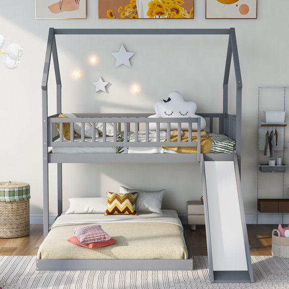 Twin over Full House Bunk Bed with Slide & Built-in Ladder, Pitched Roof Design, Full-Length Guardrail, Solid Pine Construction, No Box Spring Needed, Gray