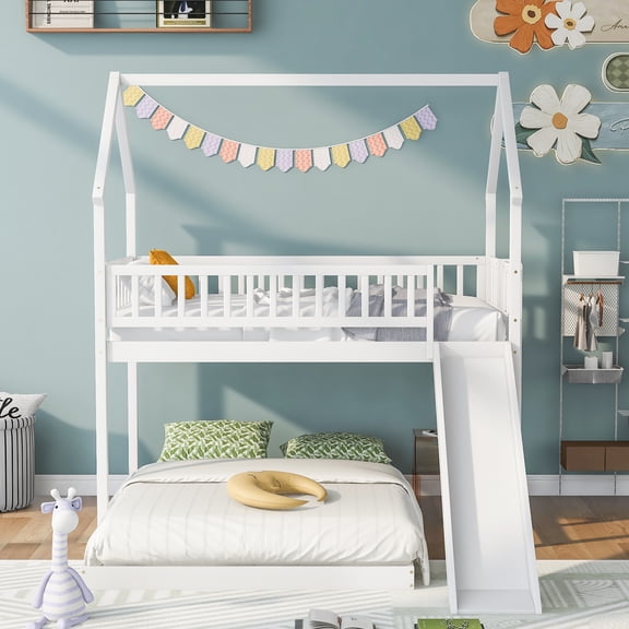 Twin over Full House Bunk Bed with Slide & Built-in Ladder, Pitched Roof Design, Full-Length Guardrail, Solid Pine Construction, No Box Spring Needed, White