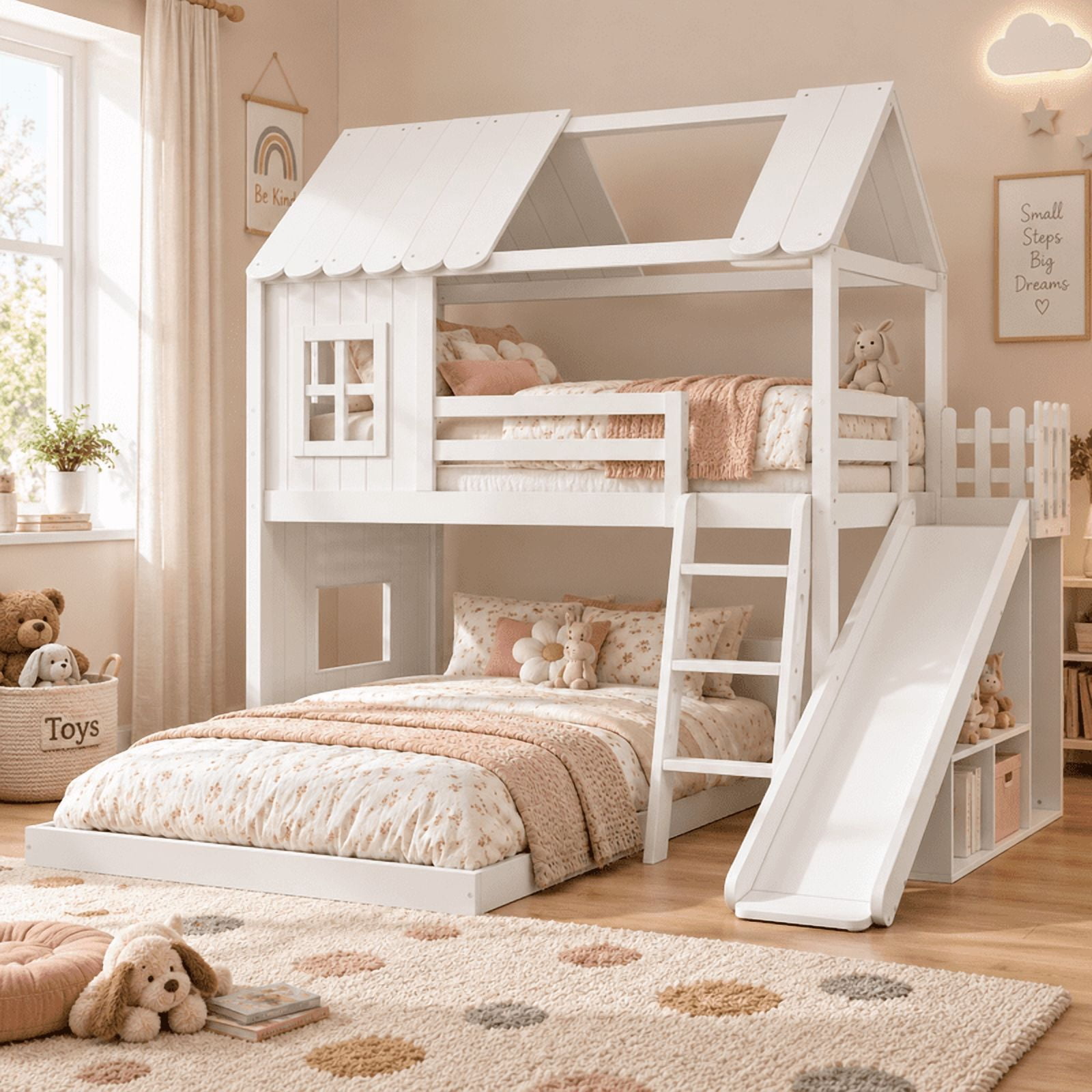 Twin Over Full House Bunk Bed with Slide and Ladder, Kids House Floor Bunk Bed with Storage Shelves and Wardrobe, Playhouse Design, Solid Wood Frame, No Box Spring Needed