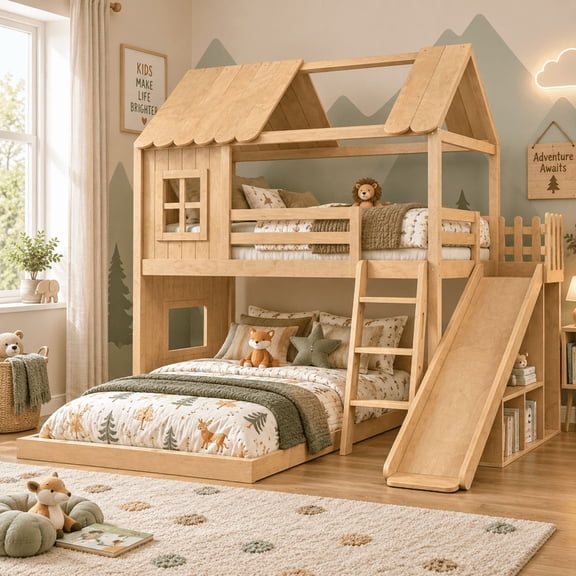 Twin Over Full House Bunk Bed with Slide and Ladder, Kids House Floor Bunk Bed with Storage Shelves and Wardrobe, Playhouse Design, Solid Wood Frame, No Box Spring Needed