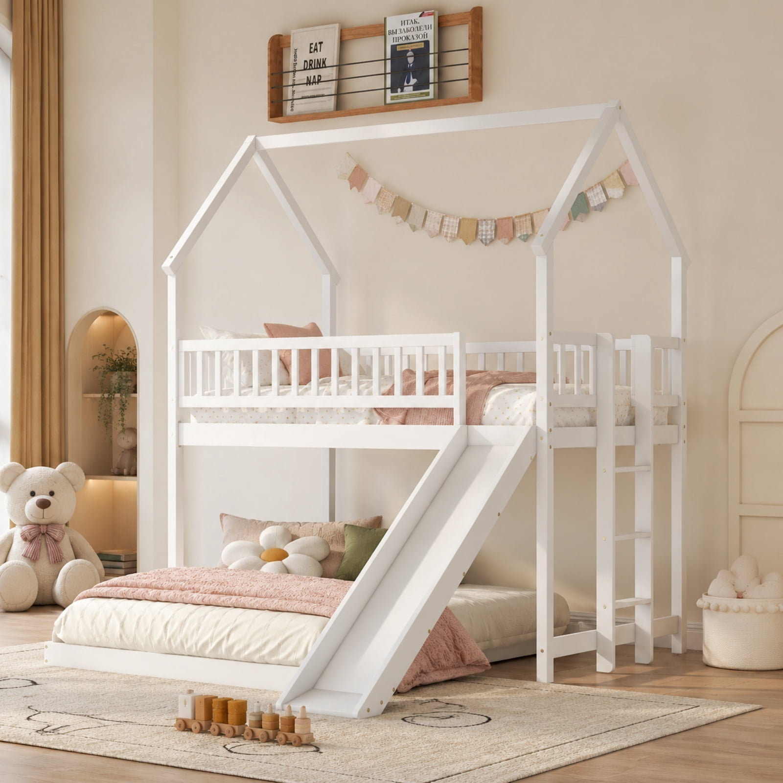 Twin Over Full House Bunk Beds with Slide, Kids Bunk Beds with House Shape Roof, Solid Wooden House Bunk Bed with Built-in Ladder, Full-Length Guardrail for Kids Teens Adults