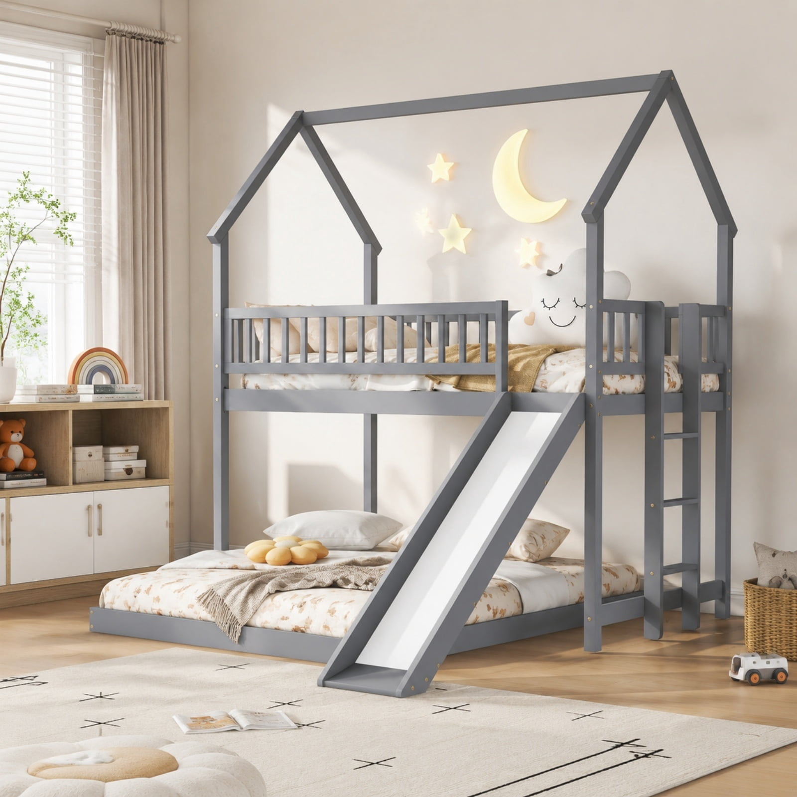 Twin Over Full House Bunk Beds with Slide, Kids Bunk Beds with House Shape Roof, Solid Wooden House Bunk Bed with Built-in Ladder, Full-Length Guardrail for Kids Teens Adults