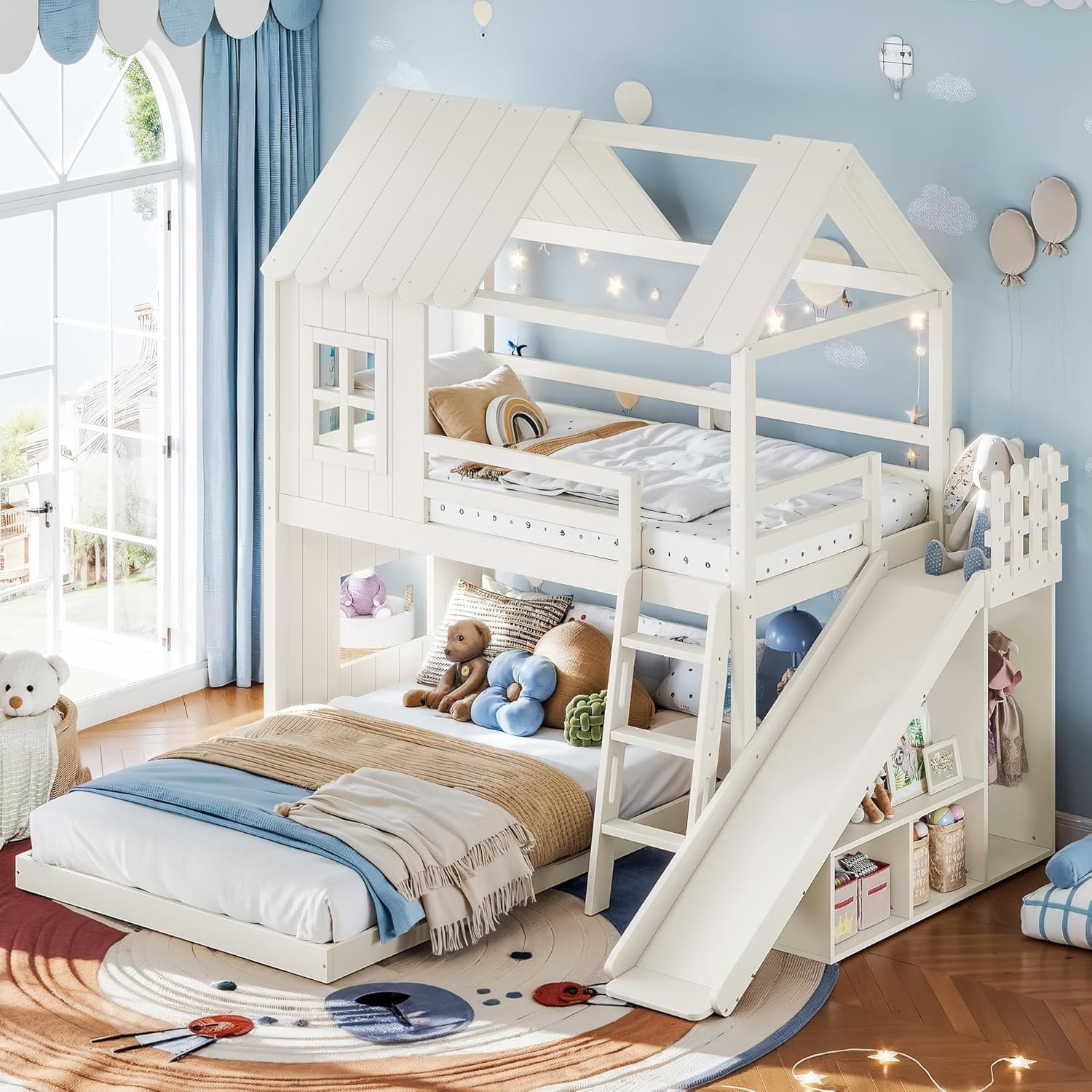 Twin Over Full House Bunk Beds with Slide, Wooden Bunk Bed with Storage, Floor Bunk Bed Frame with Guardrail, No Box Spring Needed, Fun Cottage Beds for Kids Toddlers, Bedroom, Beige