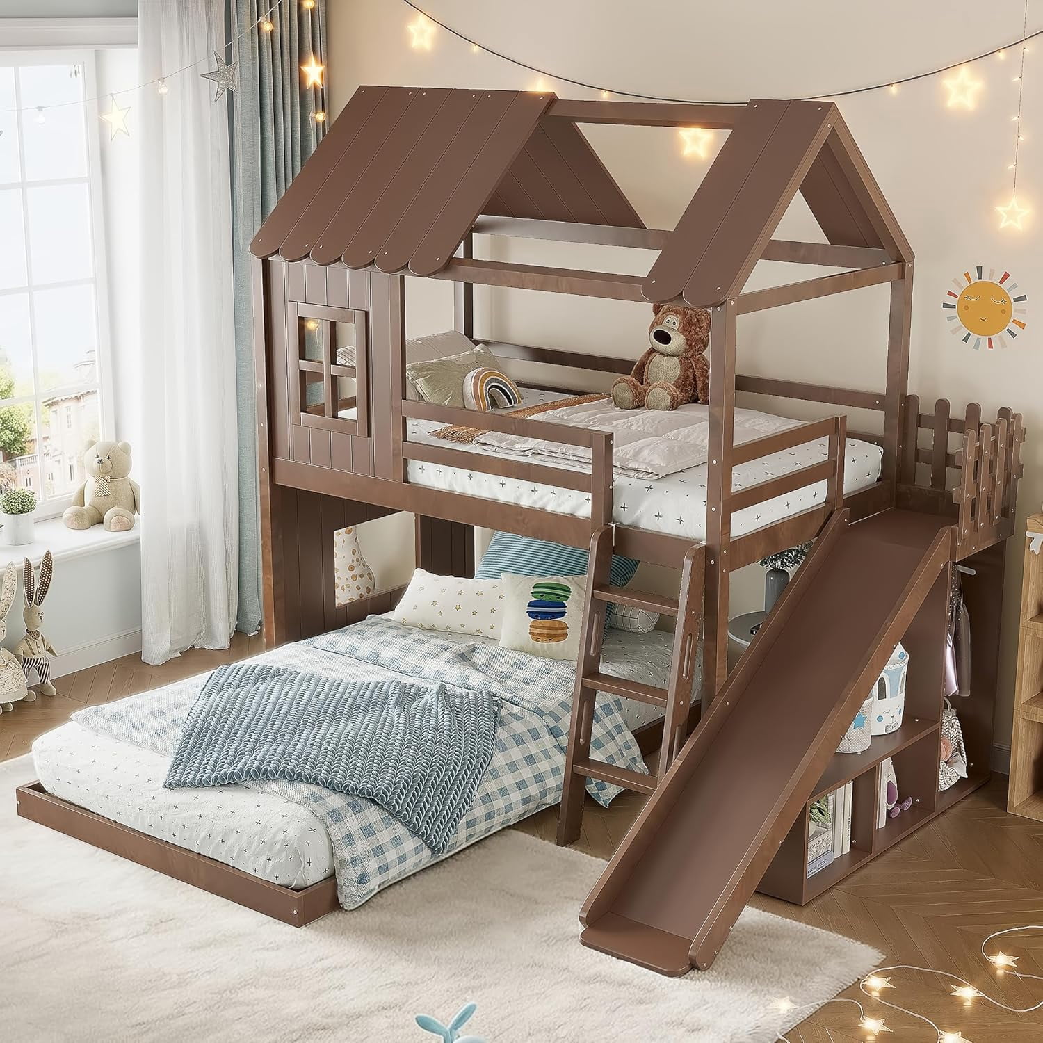 Twin Over Full House Bunk Beds with Slide, Wooden Bunk Bed with Storage, Floor Bunk Bed Frame with Guardrail, No Box Spring Needed, Fun Cottage Beds for Kids Toddlers, Bedroom, Dark Brown