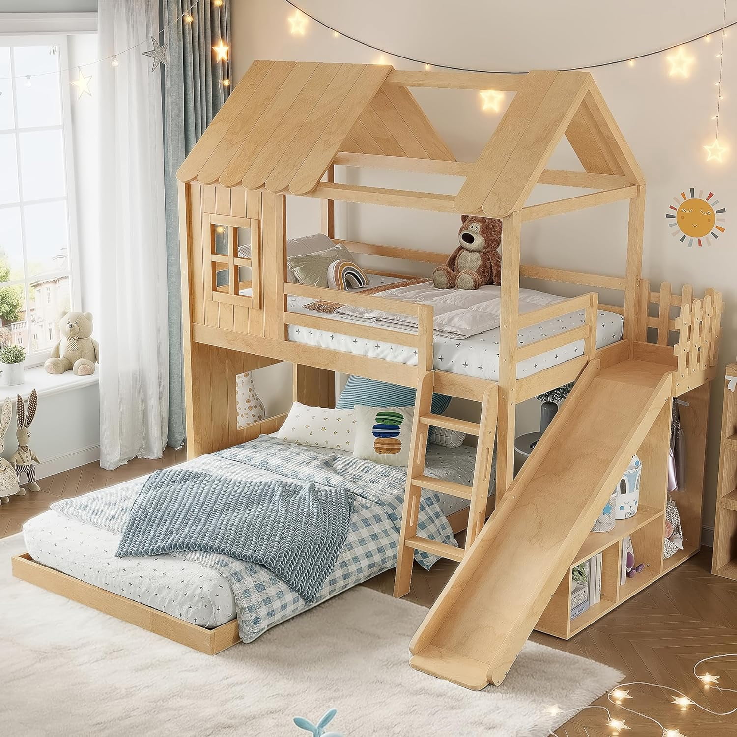 Twin Over Full House Bunk Beds with Slide, Wooden Bunk Bed with Storage, Floor Bunk Bed Frame with Guardrail, No Box Spring Needed, Fun Cottage Beds for Kids Toddlers, Bedroom, Natural Wood