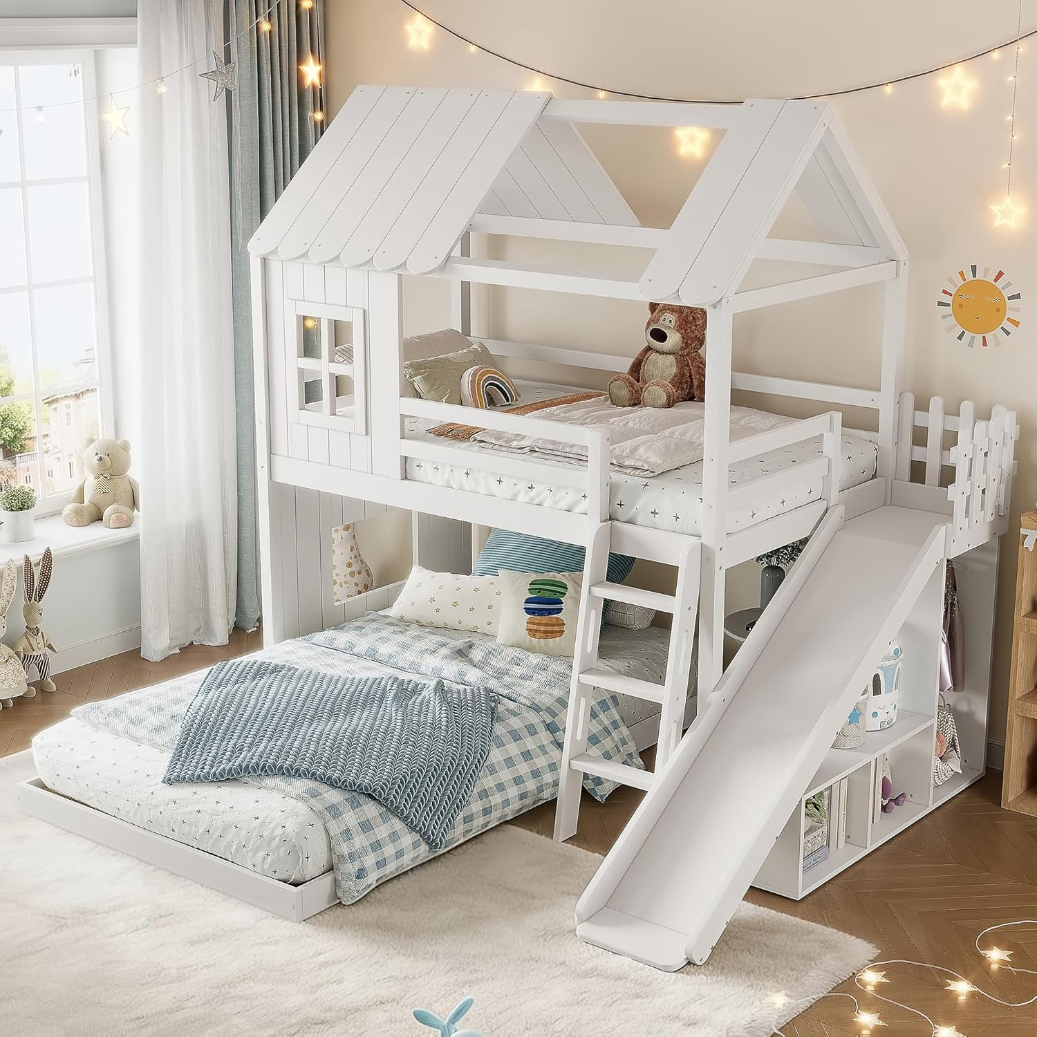 Twin Over Full House Bunk Beds with Slide, Wooden Bunk Bed with Storage, Floor Bunk Bed Frame with Guardrail, No Box Spring Needed, Fun Cottage Beds for Kids Toddlers, Bedroom, White