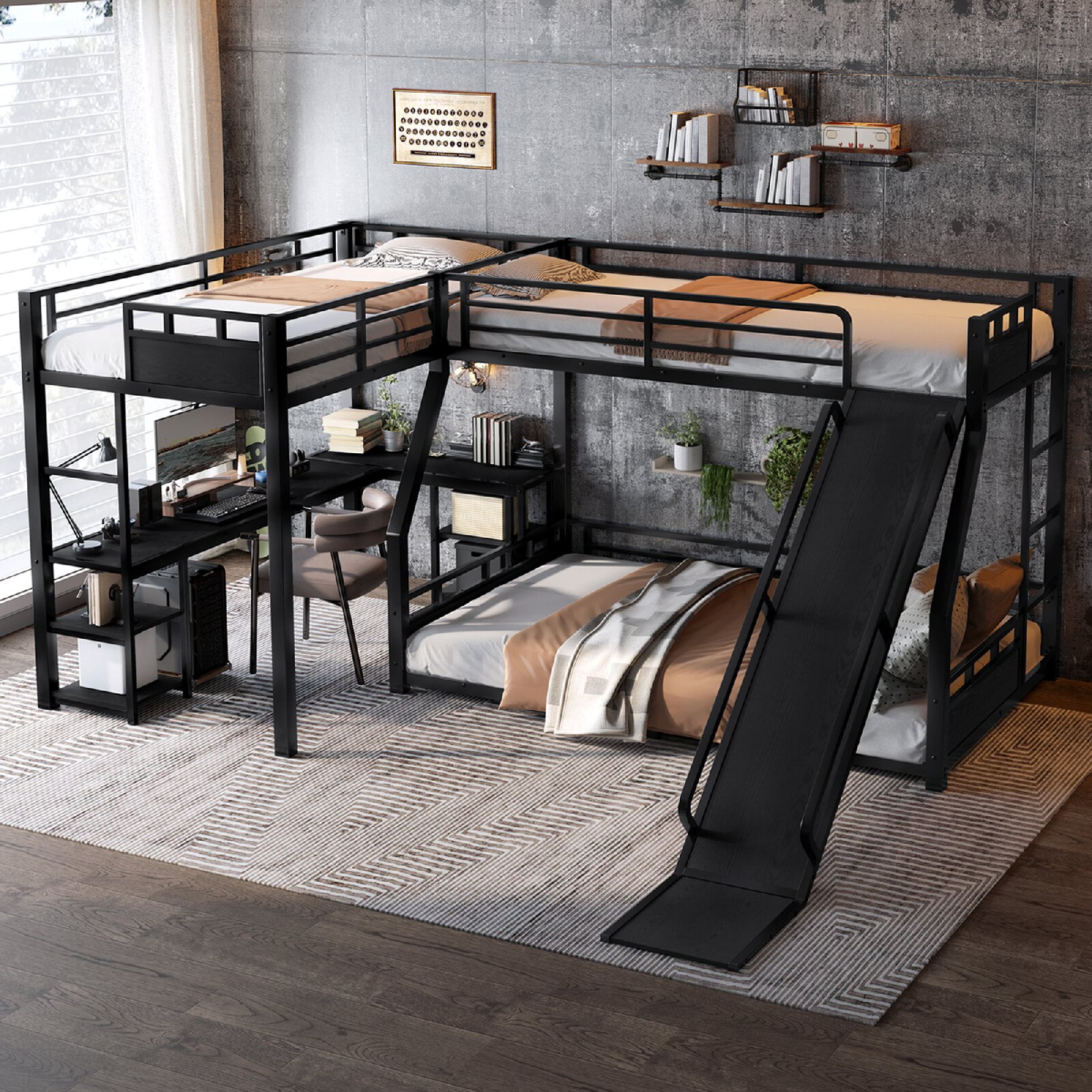Twin Over Full L-Shaped Bunk Bed Frame with Twin Size Loft Bed and Desk