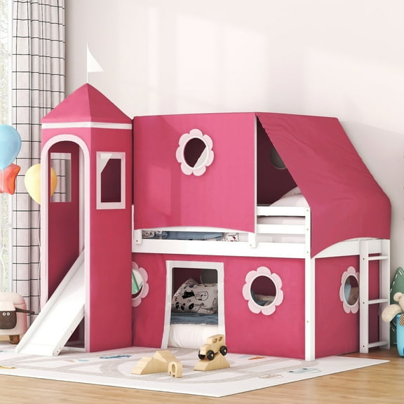 Twin &Full Loft Bed with Slide Pink Tent and Tower - Pink