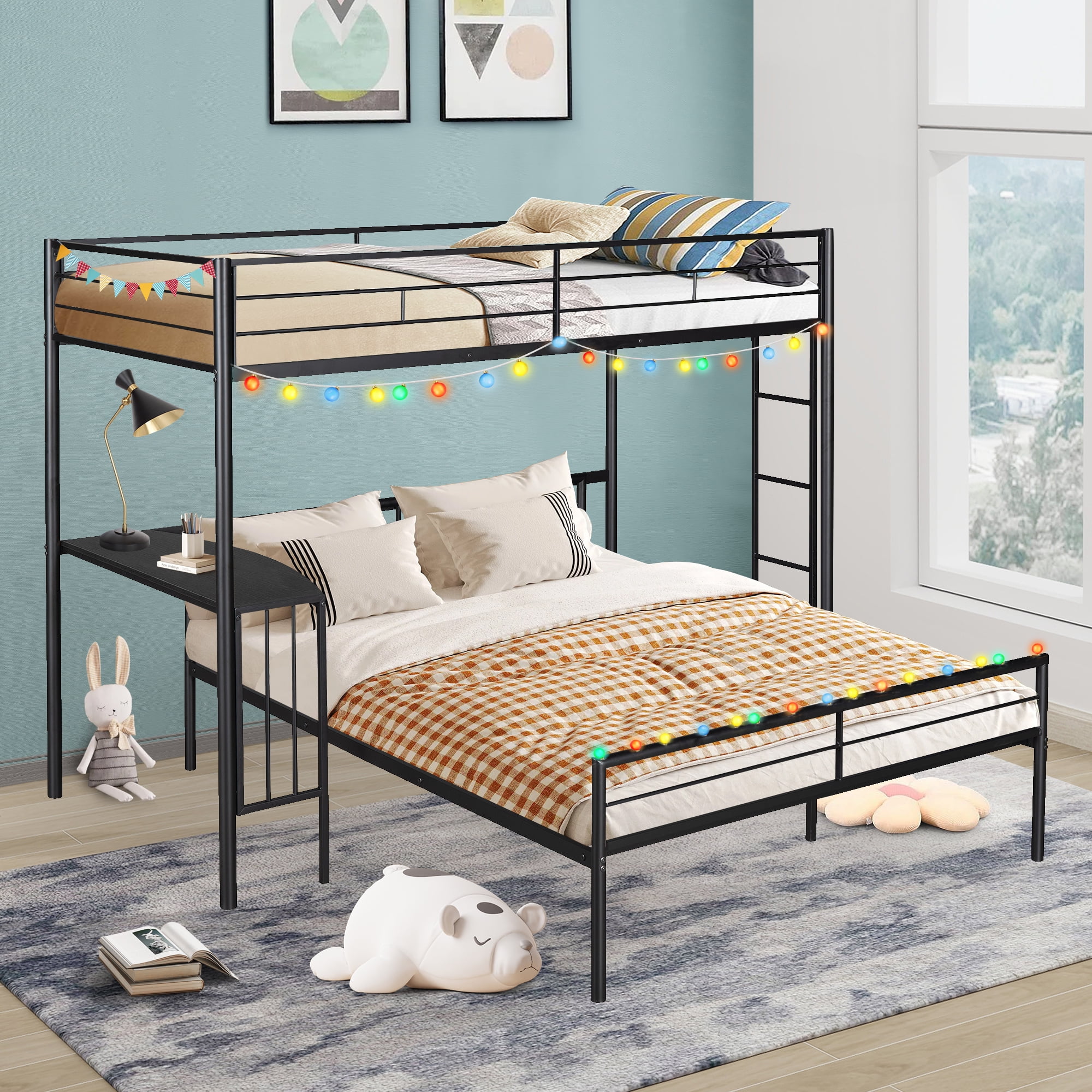 Twin over Full Loft Bunk Bed with Desk, HeavyDuty Metal Bed Frame with