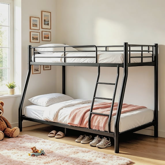 Twin over Full Low Profile Bunk Bed for All Ages, 500 lbs Capacity Metal Frame with Safety Rail and Ladder, No Box Spring, Fits Low Ceilings, Dorm Apartment, Black
