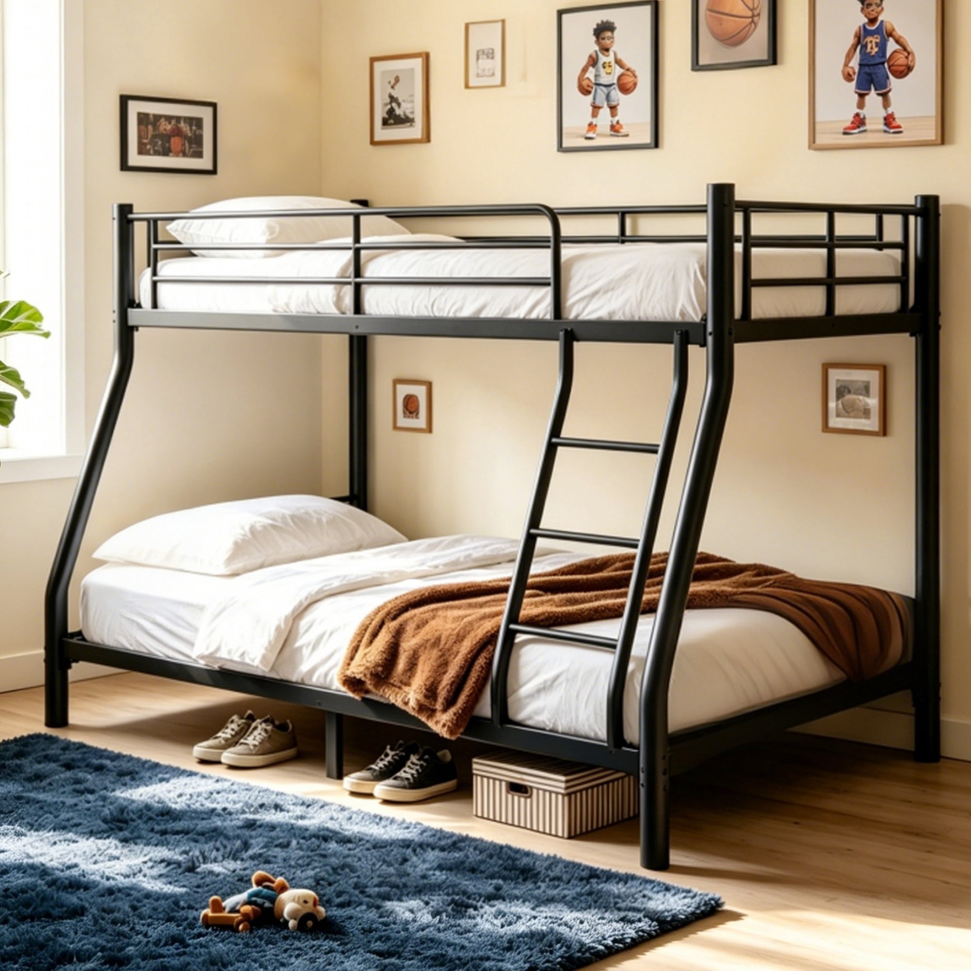 Twin over Full Metal Bunk Bed, 500 lbs Capacity Heavy Duty Steel Frame with Safety Guardrail and Ladder, Space Saving Low Profile Design for All Ages, No Box Spring Needed, Black