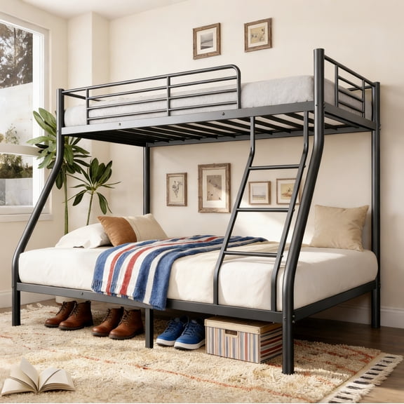 Twin Over Full Metal Bunk Bed 500LBS Weight Capacity, Sturdy Steel Frame with Safety Guardrail & Ladder, Space-Saving Design for Adults Teens Kids, Easy Assembly, No Box Spring Needed, Black