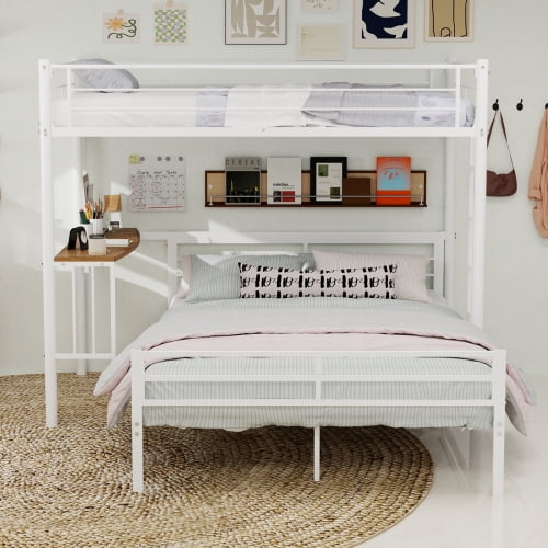 Twin Over Full Metal Bunk Bed with Built-in Desk and Storage Shelf, Sturdy Ladder and Guardrail, Space-Saving for Bedroom, No Box Spring Needed, White