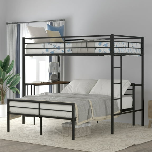 Twin Over Full Metal Bunk Bed with Desk & Ladder - Sturdy, Space-Saving Design for Bedroom, Metallic Black - Built-in Study Area, Quality Slats, Maximize Your Space