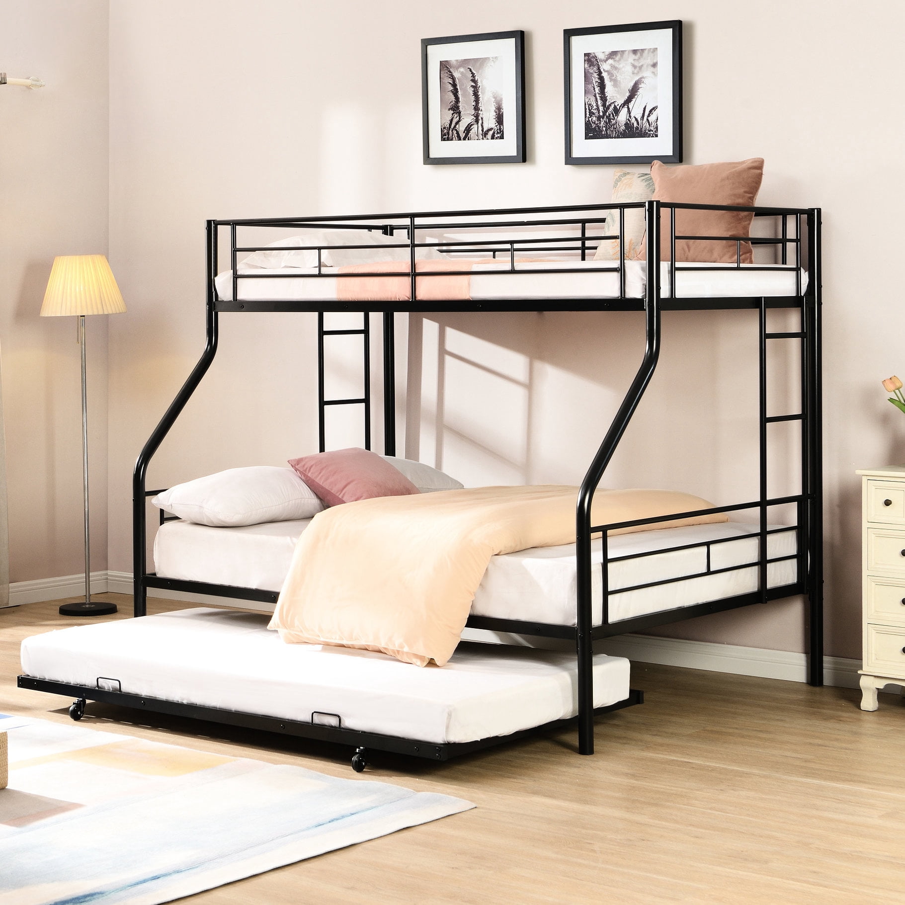 Twin Over Full Metal Bunk Bed With Trundle - Space Efficient, Easy