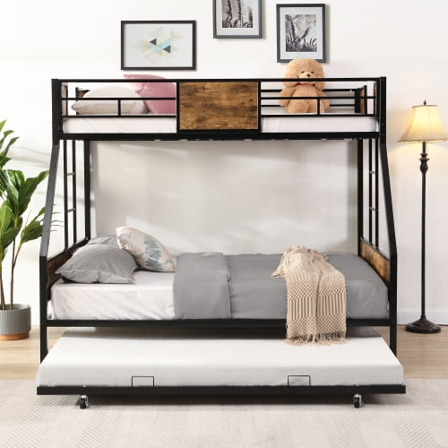 Twin Over Full Metal Bunk Bed with Twin Trundle, Heavy Duty Bunk Bed Frame with Full-Length Guardrails, Dual Side Ladders, Under Bed Storage, No Box Spring Needed, Black & Rustic Brown