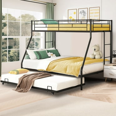 Twin Over Full Metal Bunk Beds with Trundle Bed, UHOMEPRO Metal Bunk Beds for Kids Teens Adults with Ladders, Twin Over Full Size Bunkbed Frame, No Box Spring Needed, with CPC Certification, Black