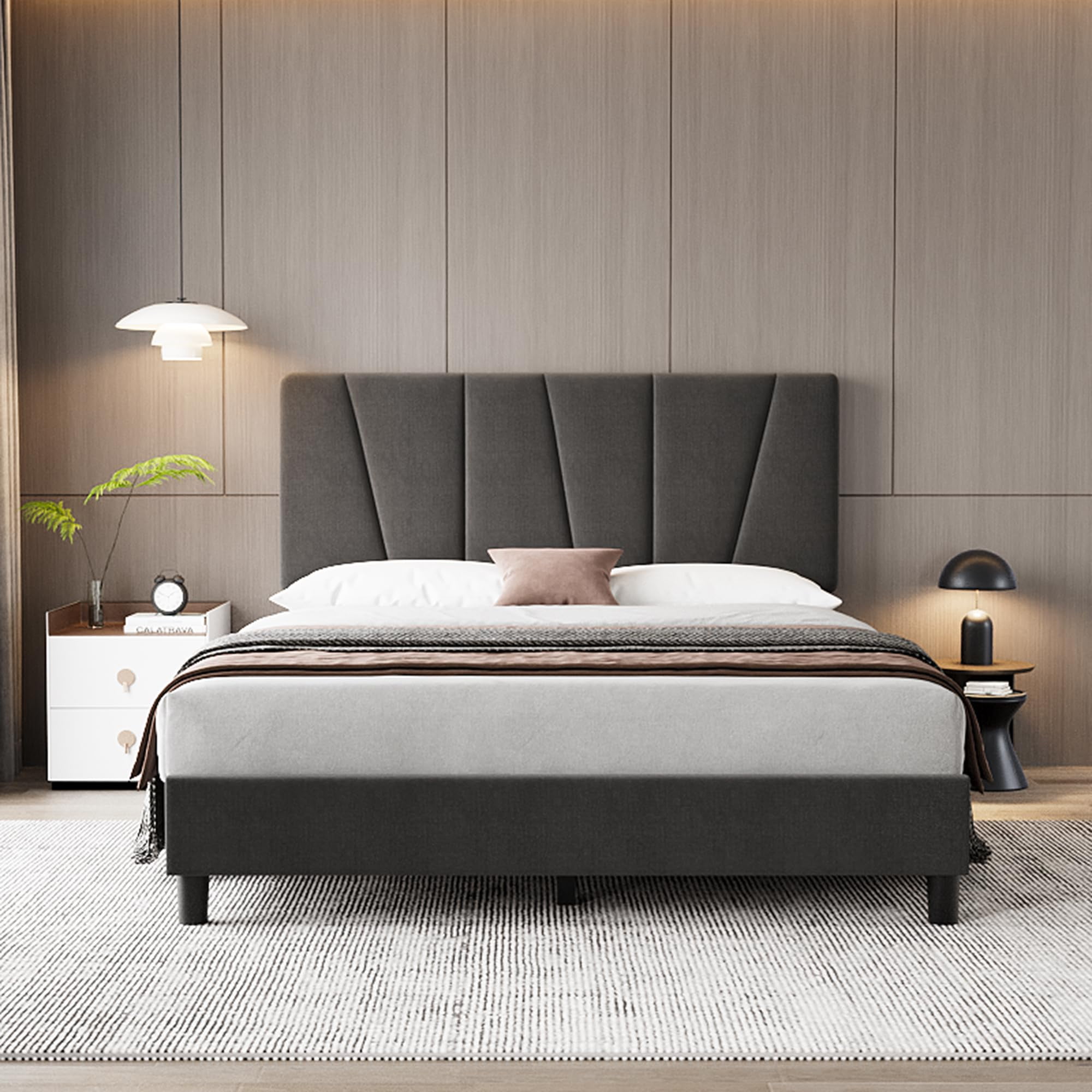 Twin/Full/Queen Bed Frame with Headboard, Linen Upholstered Platform Bed with Adjustable Diagonal Channel Tufted Headboard, Mattress Foundation with Strong Wooden Slats, Box Spring Optional, Grey