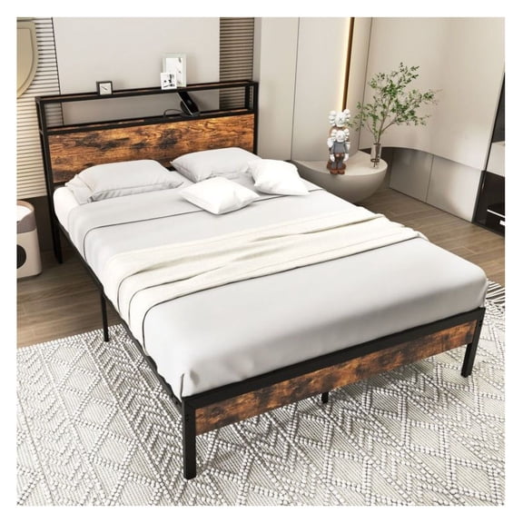 Twin Full Queen Bed Frame with Storage Headboard & Charging Station, Rustic Brown Metal Platform Bed with USB C Ports, 1000lbs Capacity, Headboard with Shelves