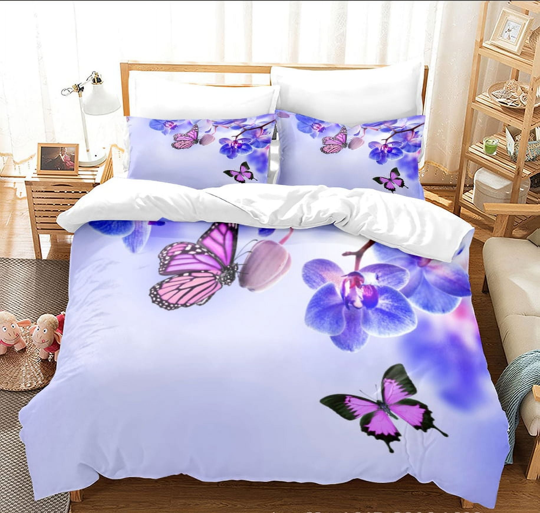 Blue Butterfly Queen Sheet Set - 3 Pcs Microfiber Bedding (1 Fitted Sheet, 2 Pillowcases) - Cute Bedroom Decor For Kids, Teens, Boys, Girls