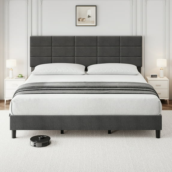 Twin/Full/Queen/King Size Bed Frame with Headboard, Upholstered Linen Platform Bed Frame with Solid Wooden Slats Support No Box Spring Needed, Noise-Free, Easy Assembly, Grey
