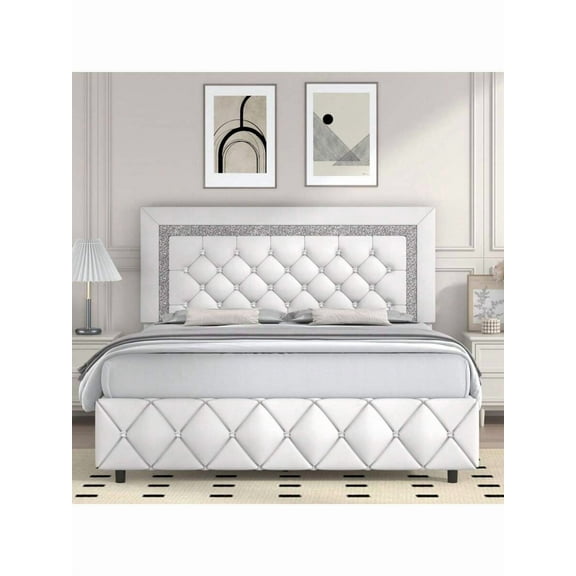 Twin/ Full/ Queen/ King Size Bed Frame, Upholstered Bed Frame With Diamond Headboard And Footboard, White/ Beige/ Black/ Grey/ Pink/ Purple/ Green