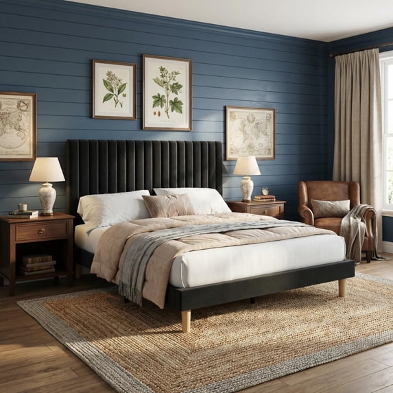Twin/Full/Queen/King Size Bed Frame with Vertical Channel Tufted Headboard,Velvet Upholstered Platform Full Bed Frame,Adjustable Headboard,No Box Spring Needed, Easy Assembly,Wooden Slats Support