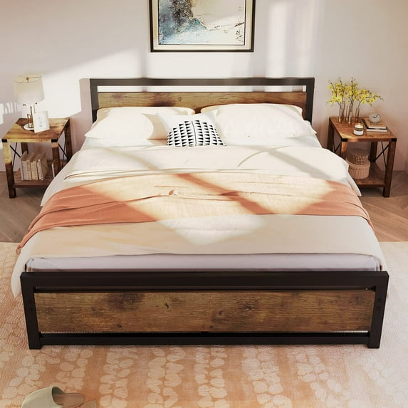 Twin/Full/Queen/King Size Metal Bed Frame, Platform Bed with Modern Wooden Headboard and Footboard Strong Metal Slat Support, No Box Spring Needed, Easy to Assemble