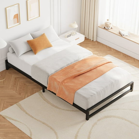 Twin/Full/Queen/King Size Metal Platform Bed Frame with Steel Slat Support, Mattress Foundation and No Box Spring Needed, Minimalist 6 Inch Bedframe without Headboard, Easy Assembly