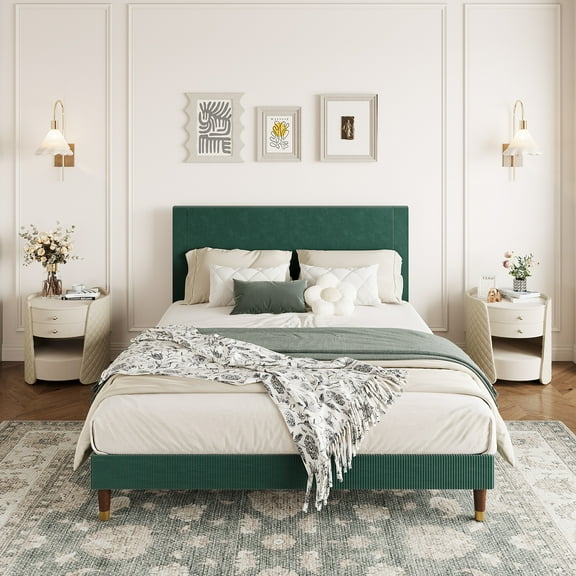 Twin/Full/Queen/King Size Upholstered Platform Bed Frame - Modern Fabric Headboard, Metal Frame & Wooden Slats Double Support, Non-Slip Noise-Free, No Box Spring Needed