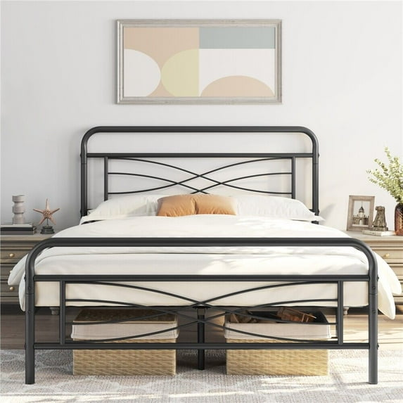Twin/Full/Queen Metal Bed Frame Mattress Foundation Criss-Cross Design Headboard