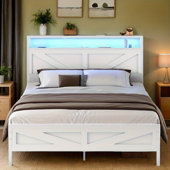 Twin/Full/Queen Metal Bed Frame with Rustic Barn Door Headboard, Storage Space, Heavy-Duty Steel Slats Support, No Box Spring Needed, Easy Assembly, White