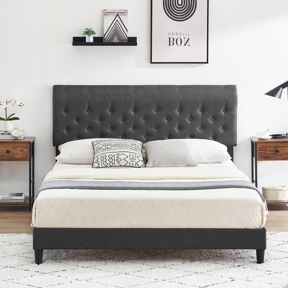 Twin/Full/Queen Size Bed Frame with Curved Headboard, Fabric Upholstered Platform Bed Frame with Adjustable Headboard, Mattress Foundation, Easy Assembly, No Box Spring Needed