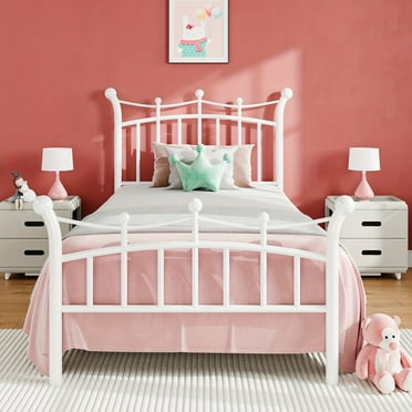 Twin Full Queen Size Bed Frame With With Headboard, Heavy Duty Metal Platform Bed With Iron-Art Headboard, No Box Spring Needed, Easy Assembly, White/Pink/Black/Golden