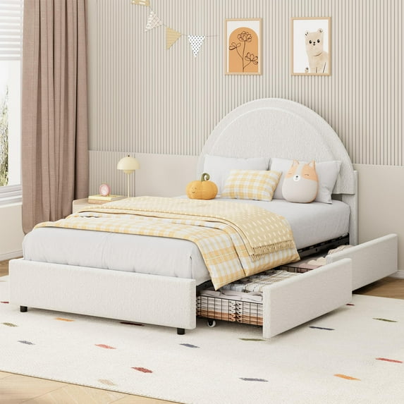 Twin/Full/ Queen Size Bed Frame with Storage Drawers, Upholstered Boucle Platform Bed with Round Headboard, Heavy Duty & Noise Free, No Box Spring Needed