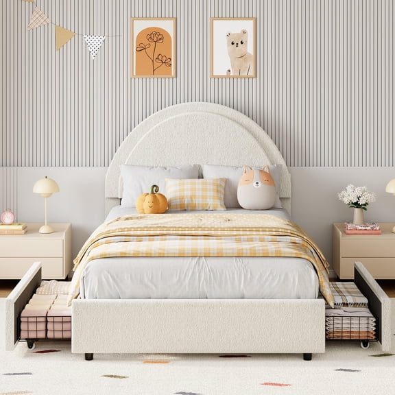 Twin/Full/ Queen Size Bed Frame with Storage Drawers, Upholstered Boucle Platform Bed with Round Headboard, Heavy Duty & Noise Free, No Box Spring Needed