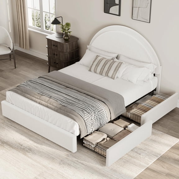Twin/Full/Queen Size Boucle Upholstered Platform Bed - Round Headboard & 2 Storage Drawers, Noise-Free Design, No Box Spring Needed