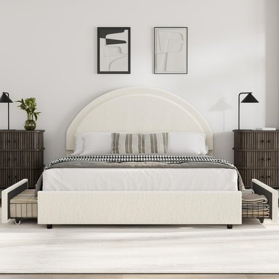 Twin/Full/Queen Size Boucle Upholstered Platform Bed - Round Headboard & 2 Storage Drawers, Noise-Free Design, No Box Spring Needed