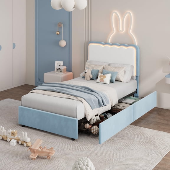Twin/Full/Queen/TwinXL Bed Frame with 2 Storage Drawers & LED , Velvet Princess Platform Bed with Chic Double Wavy Headboard, No Box Spring Needed