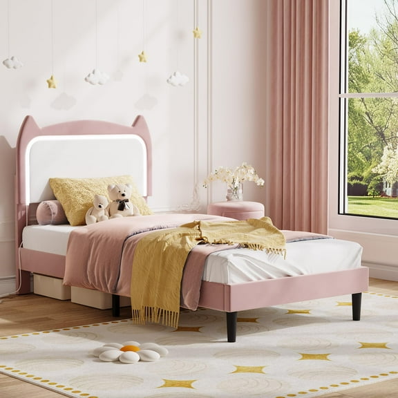 Twin/Full Size Cat Headboard Platform Bed Frame - RGB LED Lights Wood Slats Support, Noise-Free No Box Spring Required, With or Without Drawer