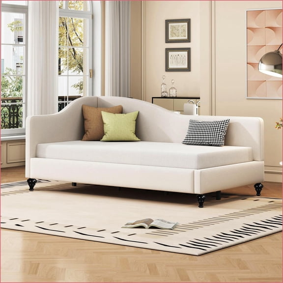 Twin/Full Size L-Shaped Semi-Enclosed Daybed with Solid Wood Legs Beige/Gray for Guest/Living Areas
