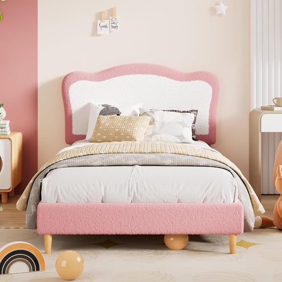 Twin/Full Size Upholstered Bed Frame with Two-Tone Scalloped headboard, Cute Velvet Princess Platform Bed for Boys/Girls, So-lid Wood Slats Support, No Box Spring Needed, Noise Free