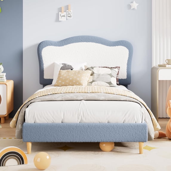 Twin/Full Size Upholstered Day Bed Frame with Two-Tone Scalloped headboard, Cute Velvet Princess Platform Bed for Boys/Girls, Solid Wood Slats Support, No Box Spring Needed, Noise Free
