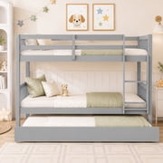 SESSLIFE Twin Over Twin Bunk Bed with Trundle, Convertible Wood Bunk Bed Frame with Ladder & Safety Guardrail, Separates into 2 Twin Beds, Space-Saving for Kids Bedroom, Guest Room, Gray