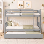SESSLIFE Twin Over Twin Bunk Bed with Trundle, Convertible Wood Bunk Bed Frame with Ladder & Safety Guardrail, Separates into 2 Twin Beds, Space-Saving for Kids Bedroom, Guest Room, Gray