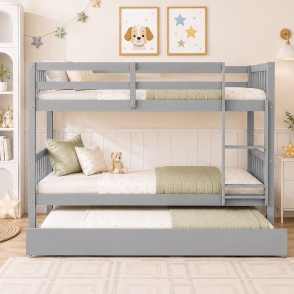 SESSLIFE Twin Over Twin Bunk Bed with Trundle, Convertible Wood Bunk Bed Frame with Ladder & Safety Guardrail, Separates into 2 Twin Beds, Space-Saving for Kids Bedroom, Guest Room, Gray