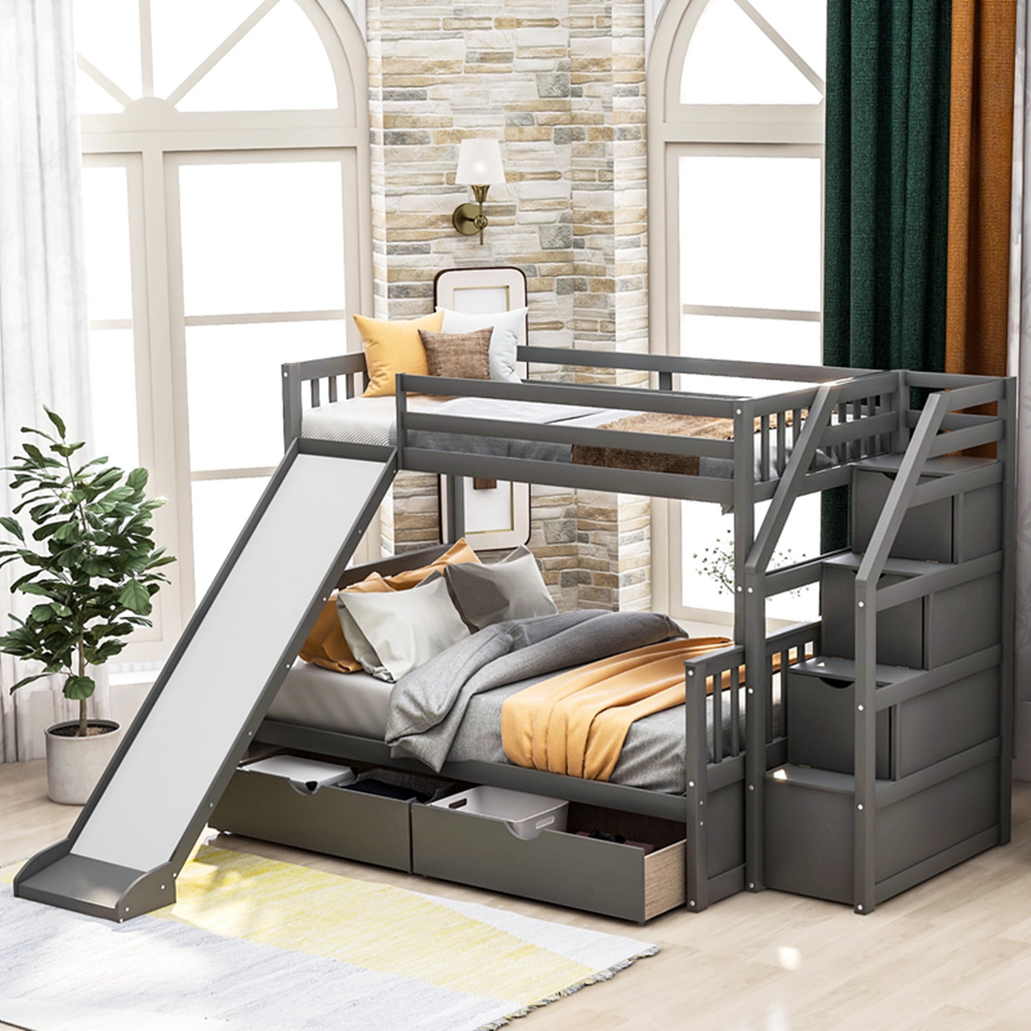 Solid Wood Twin over Full Stairway Loft Bunk Bed with Slide, 2 Drawers ...