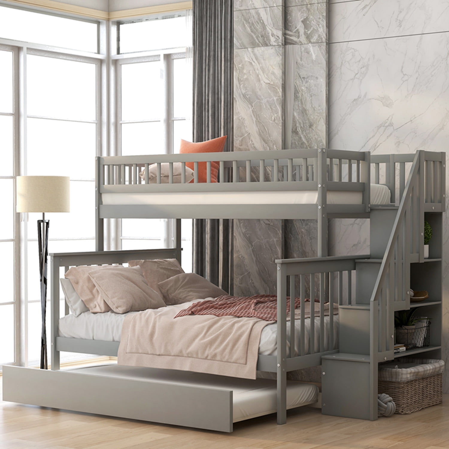 Twin Over Full Bunk Wood Bed with Twin Trundle Bed Sturdy Stairs with 4 Storage Shelves Handrails and Guardrails Gray Grey