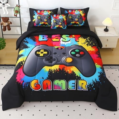 Twin Gamer Bedding Set for Boys,6 Piece Bed in A Bag 3D Video Gamer Comforter -All Season Microfiber Gaming Bedding Set for Kids, with Sheet Sets (Rainbow Black)
