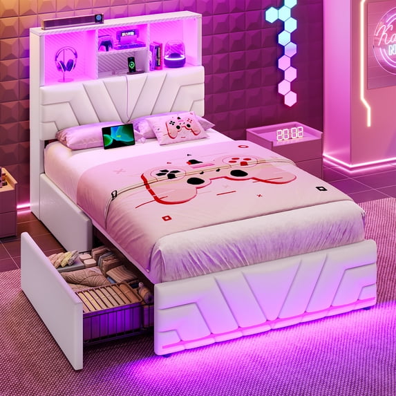 Twin Gaming Bed Frames with 4 Drawers and Storage Headboard, Faux Leather Upholstered Platform Beds with RGB LED Lights & Charging Station, Esports-Style Twin Bed Frame, White
